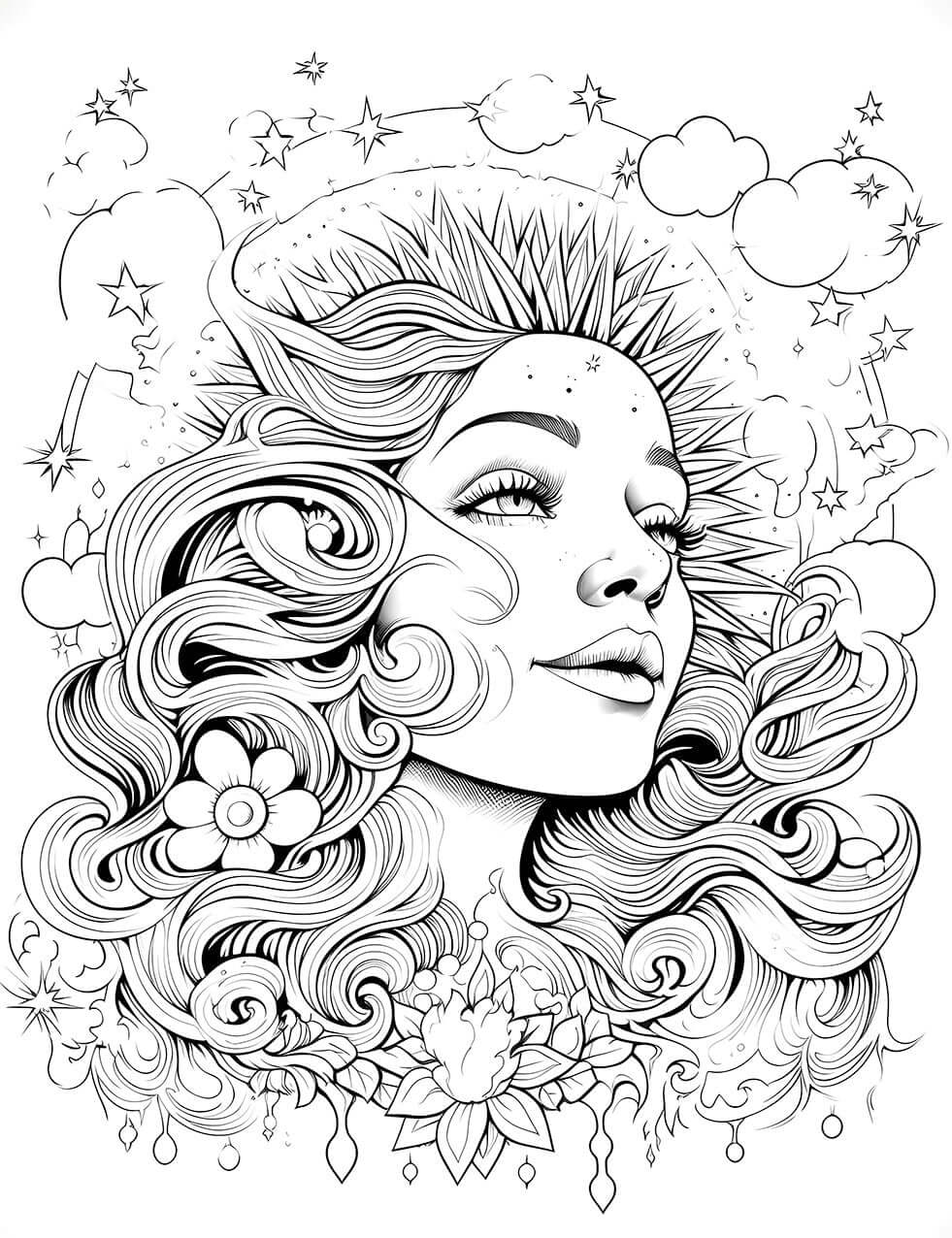 The Radiant Goddess Coloring Page, a detailed black-and-white illustration of a smiling sun goddess with a radiant crown, wavy hair filled with flowers, and a background of stars and clouds.