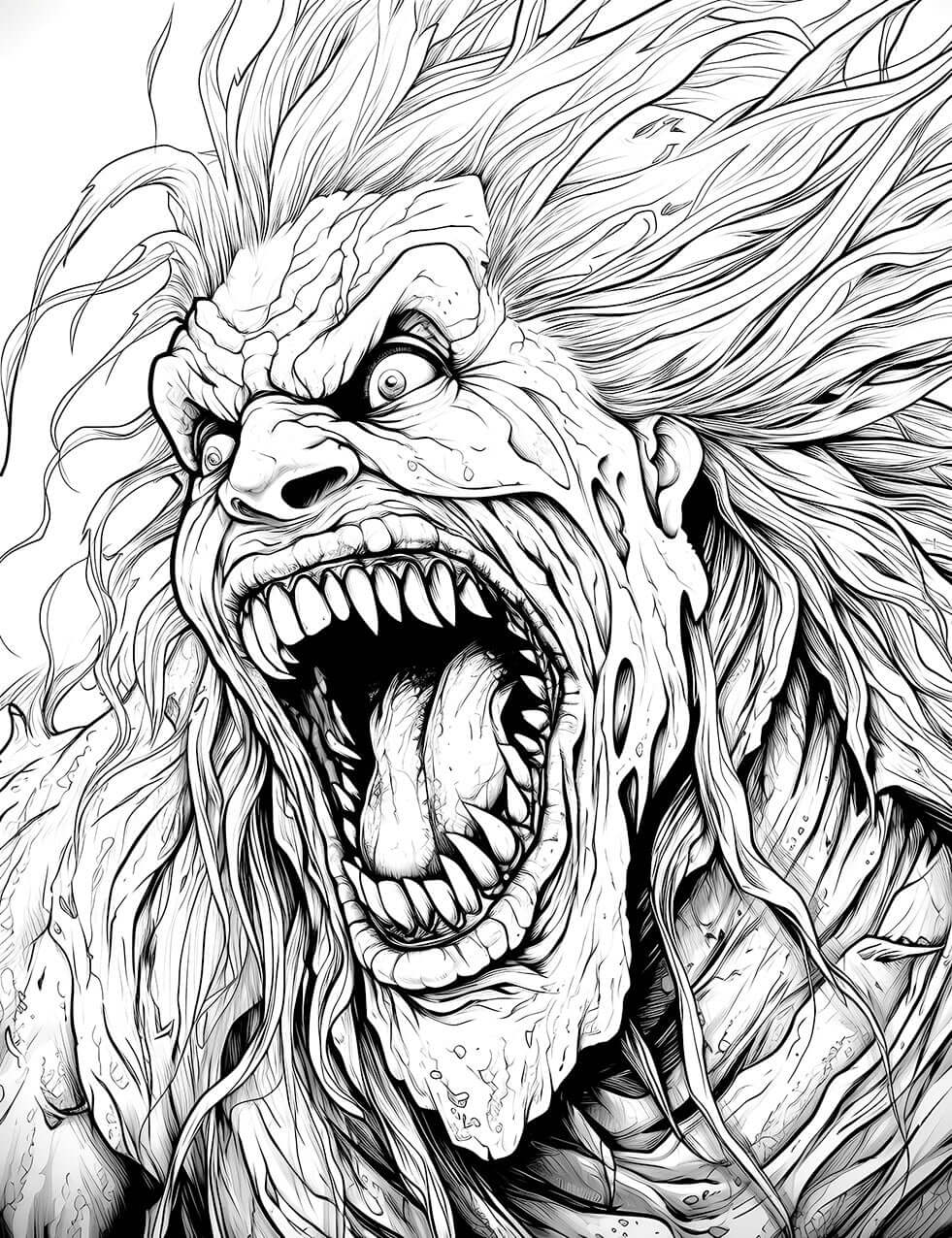 A detailed horror coloring page of a Raging Werewolf's face, roaring with intense, wild eyes, a mane of flowing hair, and a mouth full of sharp, beastly teeth.