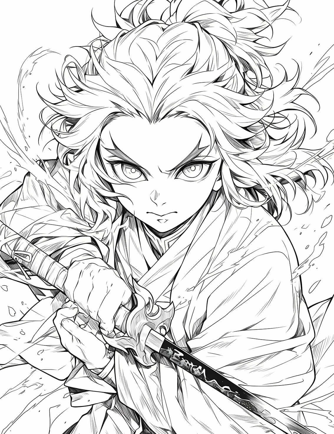 High-quality line art anime coloring page of Kyojuro Rengoku from Demon Slayer in a dynamic pose, drawing his signature Nichirin sword with a determined expression, capturing his Flame Hashira character.