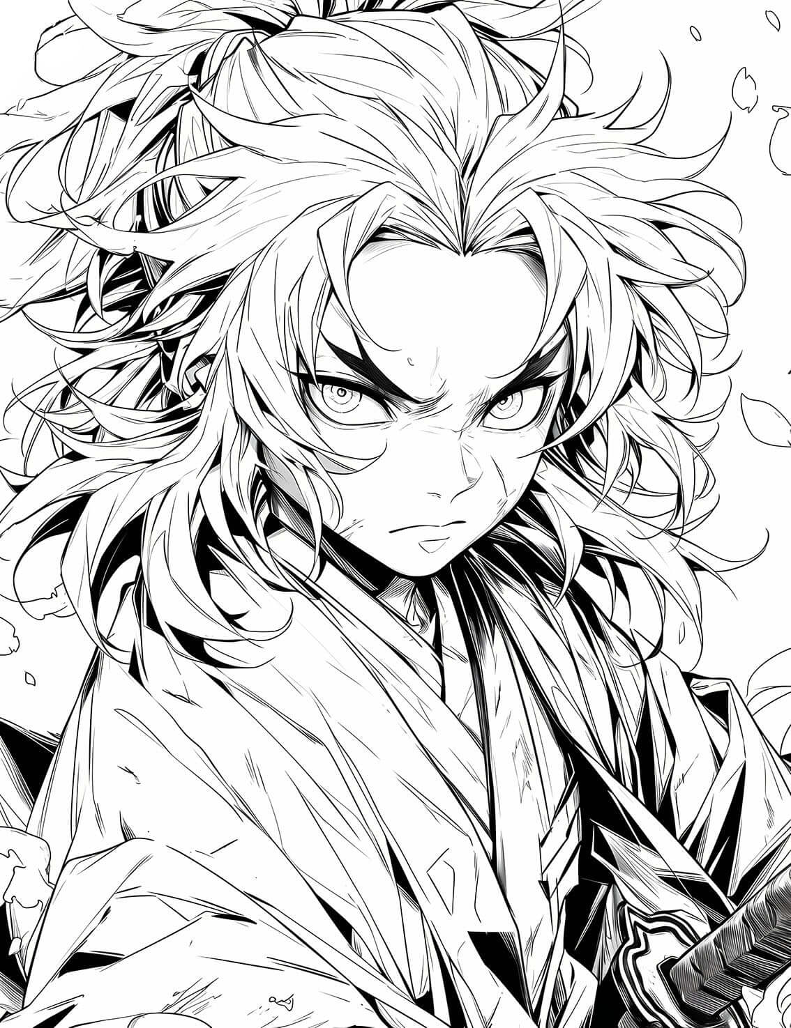 High-quality line art of a Rengoku from Demon Slayer coloring page, showing the Flame Hashira's intense, determined face, wild fiery hair, and hand on his katana, in a dynamic anime style.