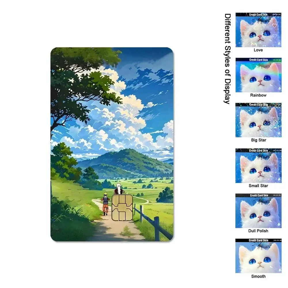 A waterproof Naruto Credit Card Skin PVC sticker featuring Uchiha Sasuke anime art applied to a standard debit bank card.