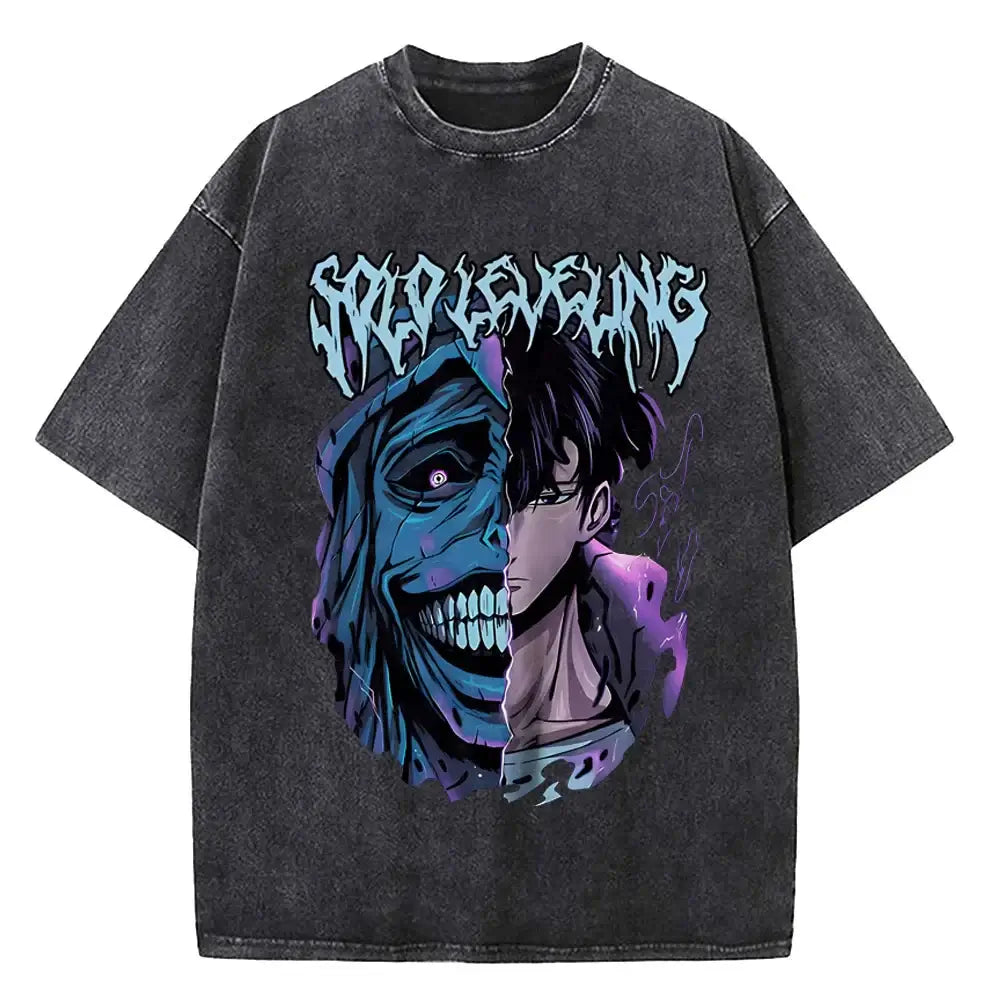 A vintage-style Solo Leveling Vintage T-shirt made of washed black cotton featuring a Sung Jinwoo graphic print, designed as Harajuku streetwear.