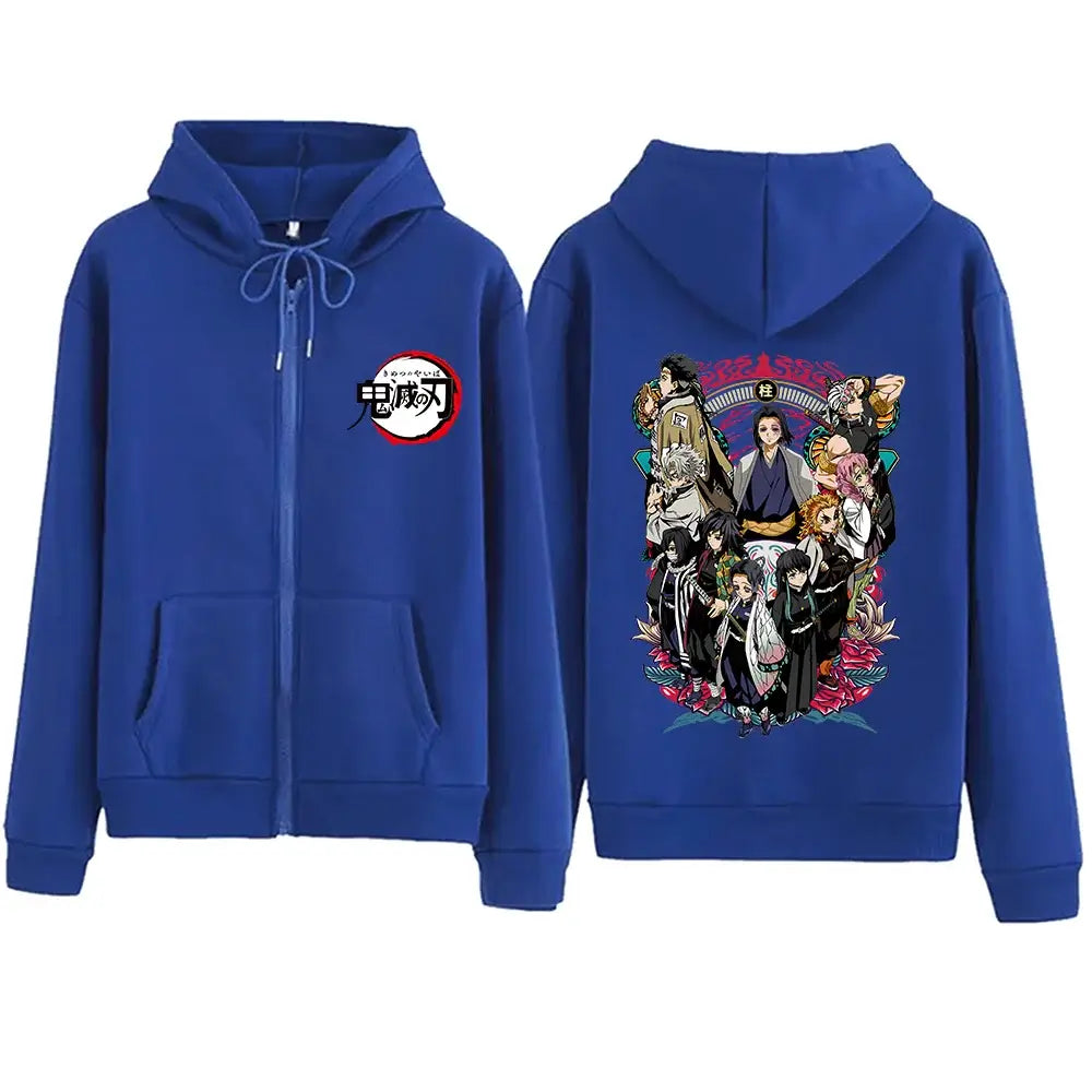 A unisex, oversized Demon Slayer Zipper Hoodie, serving as a full zip anime sweatshirt jacket and coat top for men and women.