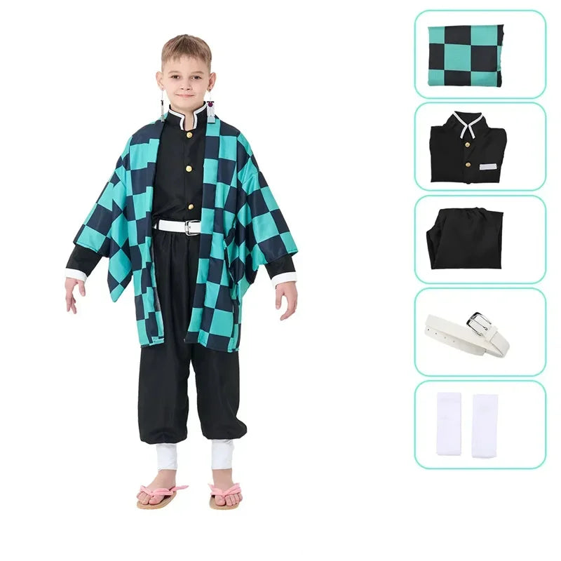 A high-quality Kids Demon Slayer Costume featuring the green checkered Tanjiro Haori and yellow Zenitsu cloak for children's dress-up.