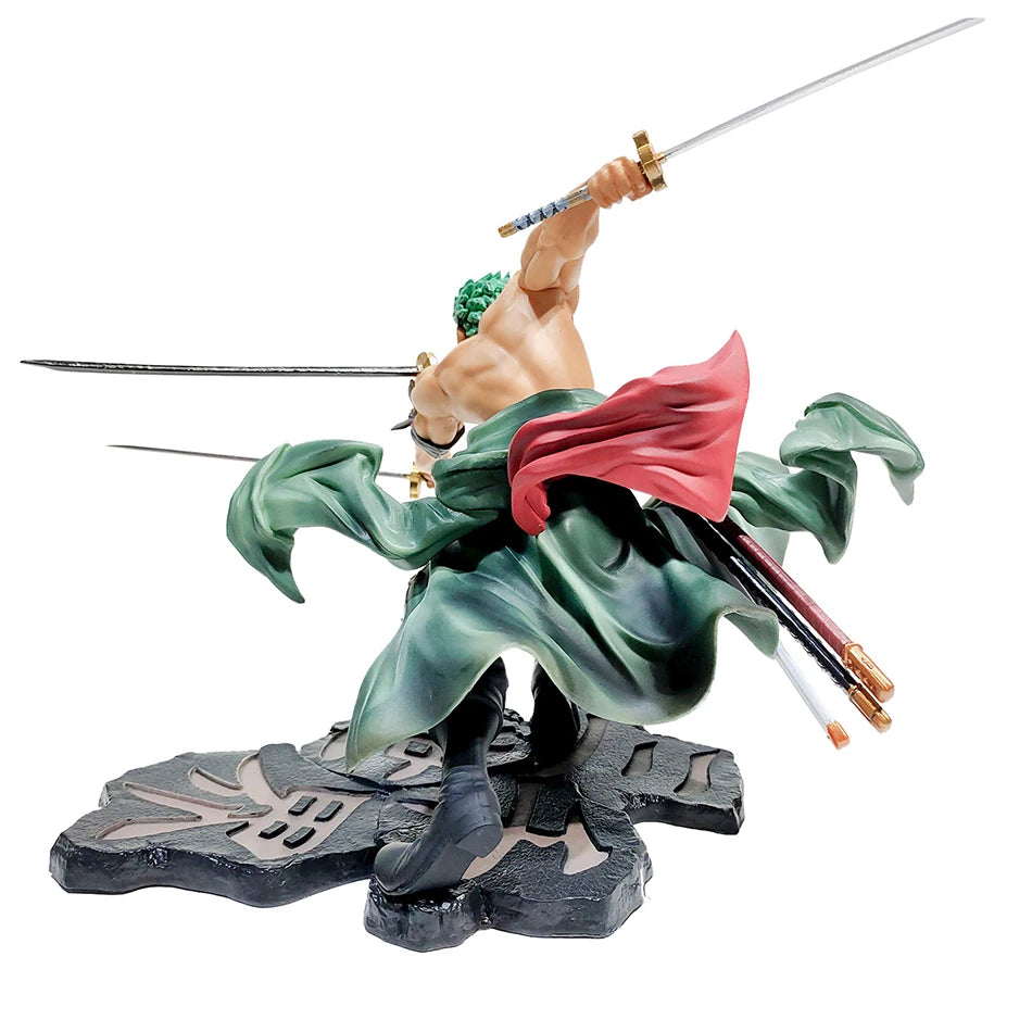 A 10cm One Piece Zoro Figure PVC action model displaying Roronoa Zoro in his Three-Blade Sa-Maximum stance for anime collections.