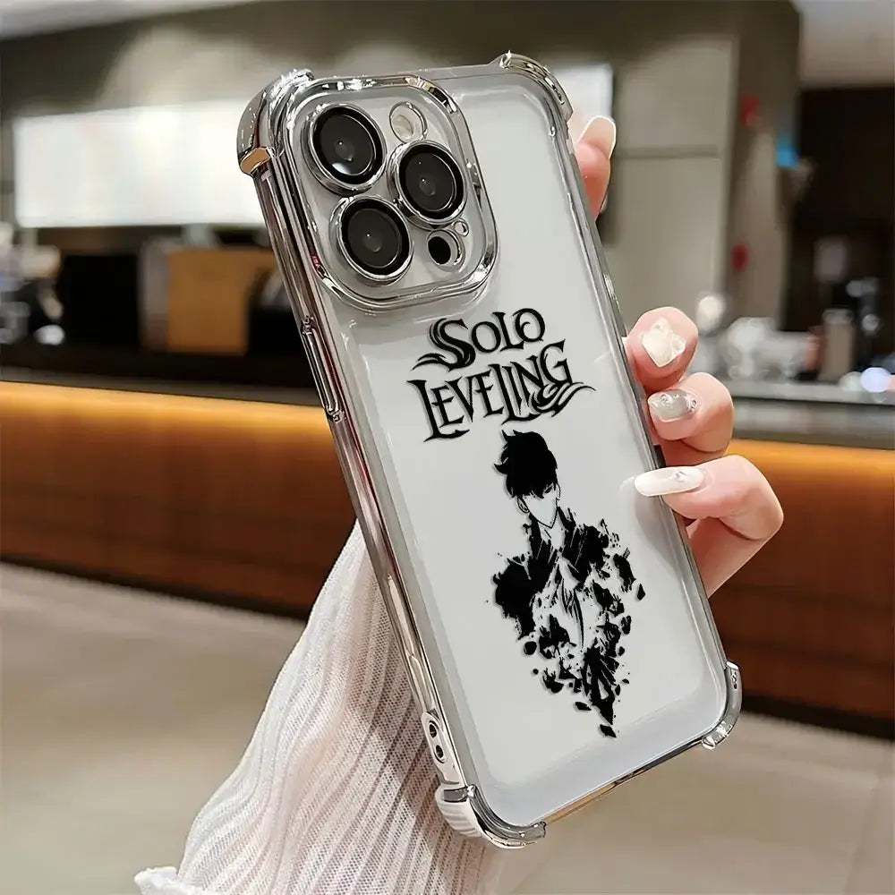 A luxury Solo Leveling Plating Case featuring Sung Jinwoo art with electroplated edges and anti-fall airbag corners for Apple iPhone 16 and 15.