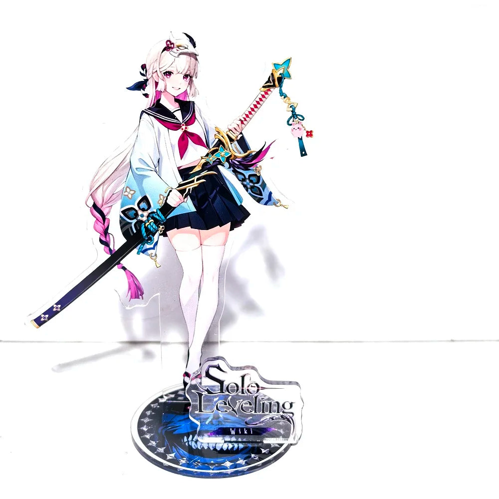 A high-definition 15cm Solo Leveling Acrylic Stand featuring Sung Jinwoo, Sung Jin Ah, and Yoo Jin Ho anime action figures for desk decoration.