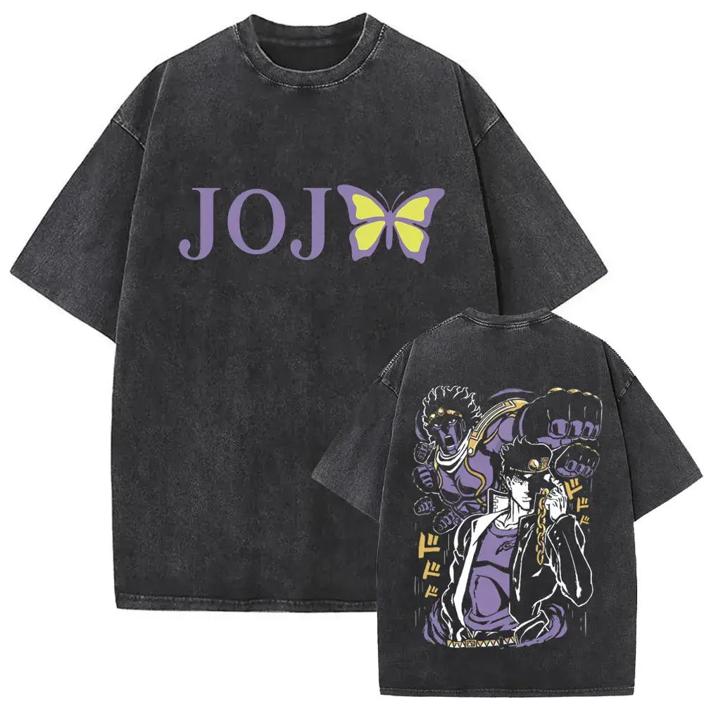 A washed Jojo Bizarre Adventure Vintage T-shirt featuring high-quality manga prints of Jotaro Kujo, Dio, and Giorno for men and women.