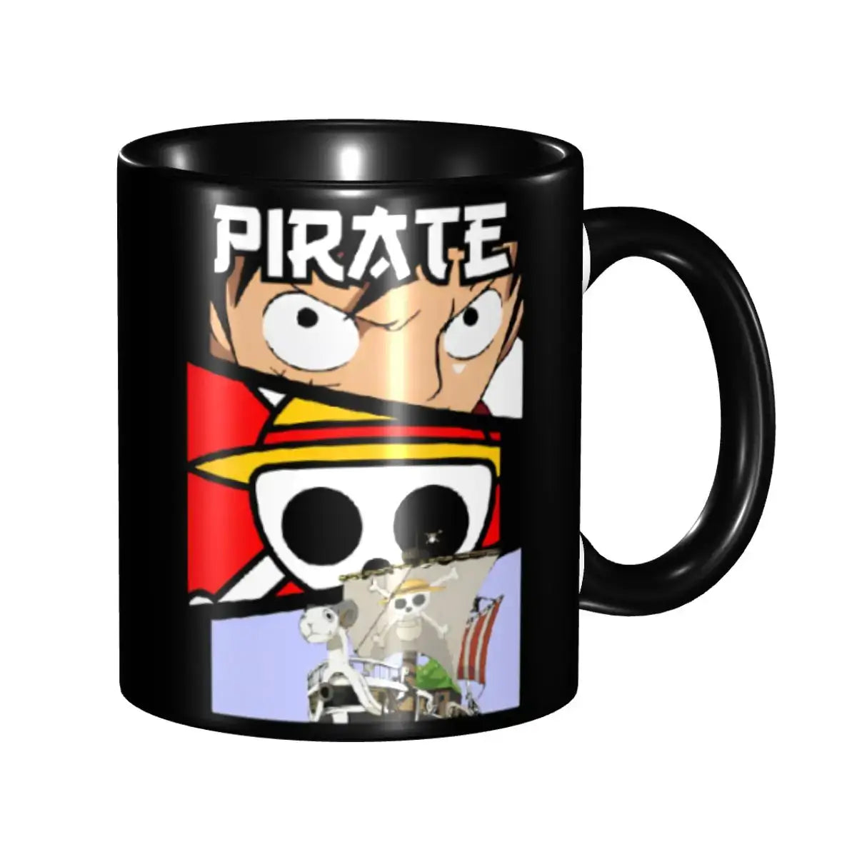 A ceramic Monkey D Luffy Quotes One Piece Mug featuring funny anime text and pirate character art, designed as a durable present for kids.