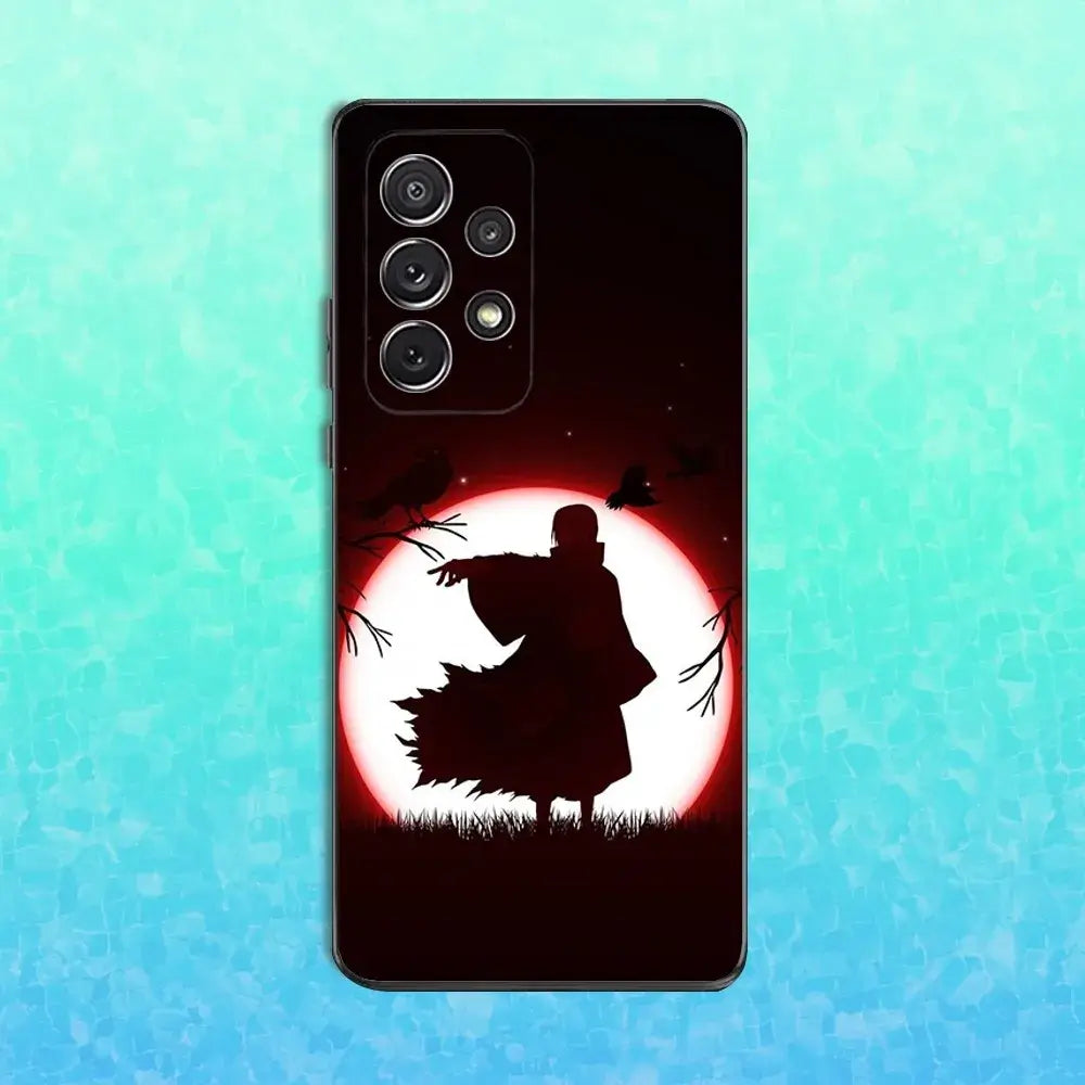 A black soft silicone Itachi Phone Case featuring Uchiha anime art, compatible with Samsung Galaxy S25, S24, S23, S22 Ultra and Plus models.