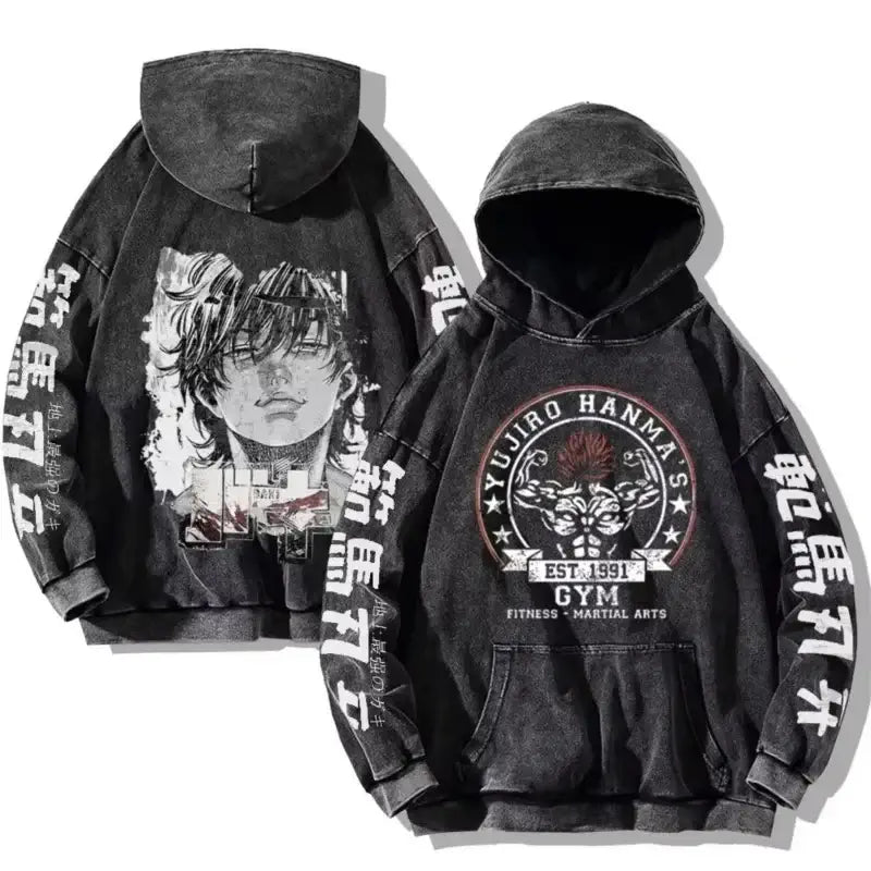 A plus-size Baki Hanma Anime Print Hoodie in a vintage washed cotton Harajuku streetwear style for men and women.