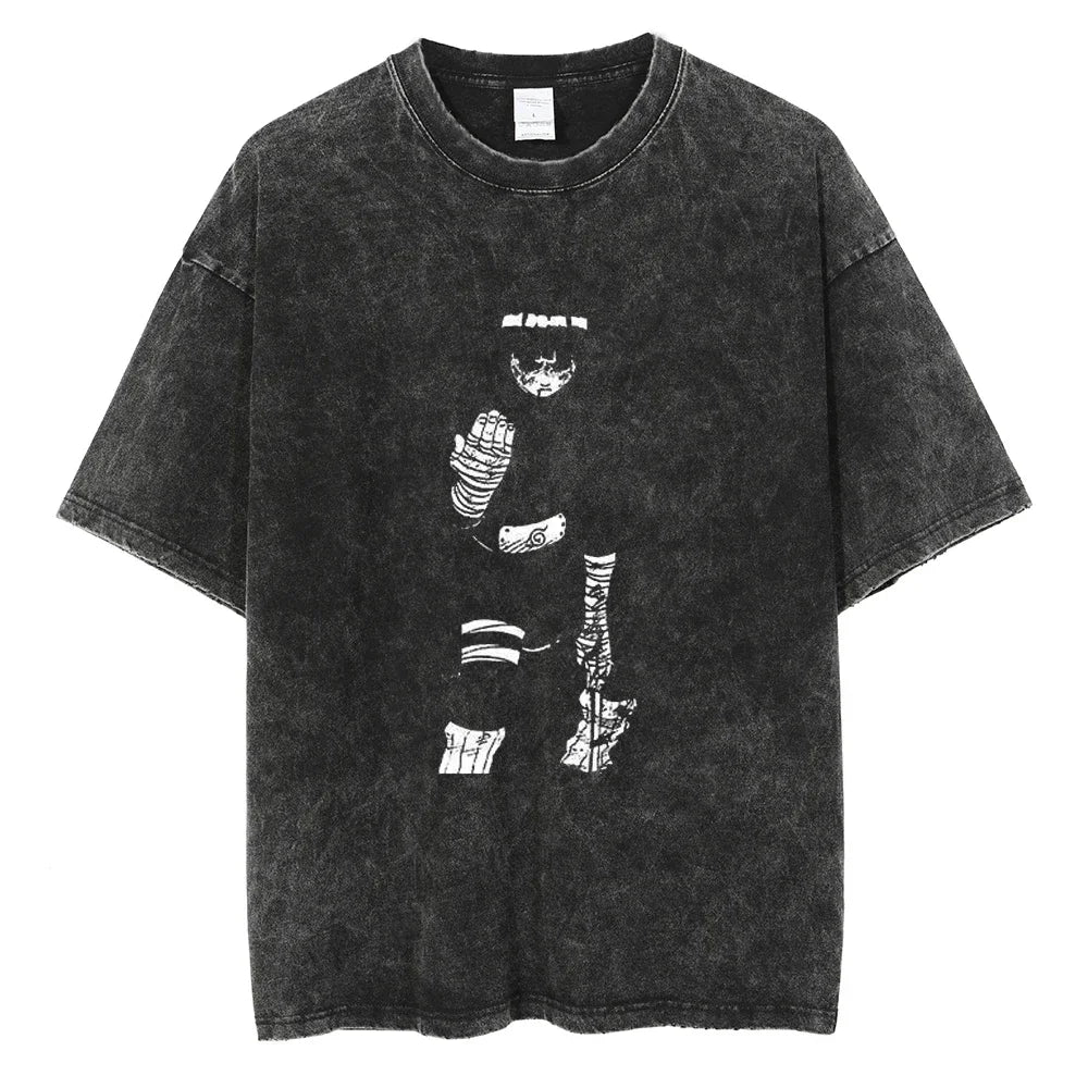 Men's vintage Naruto Rock Lee Streetwear T Shirt in a washed black style, featuring an anime graphic of the taijutsu master.