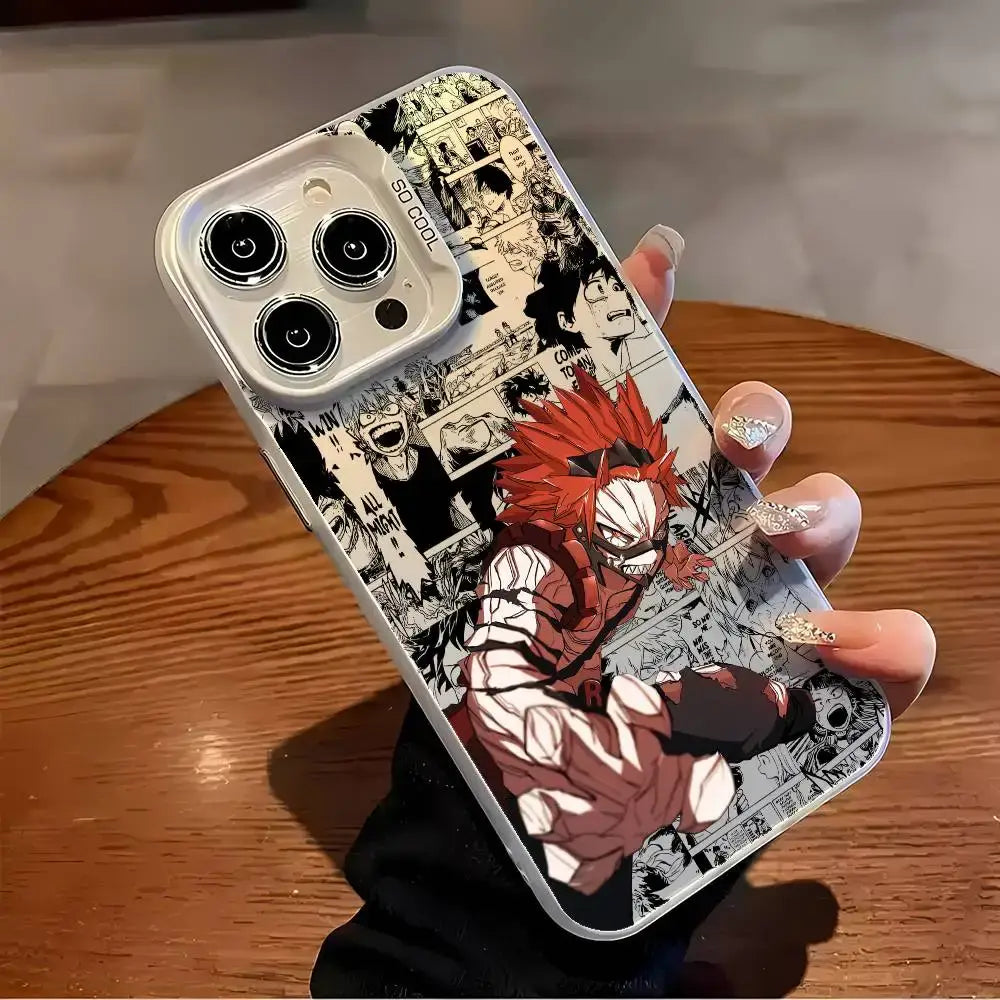 A shockproof Eijiro Kirishima Phone Case featuring a multicolor aurora laser finish and Red Riot anime art, compatible with Apple iPhone 16, 15, and 14 Pro Max.