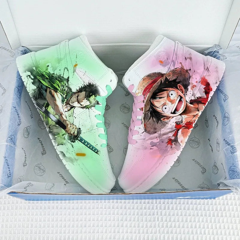 Trendy Roronoa Zoro Shoes featuring a green two-dimensional anime design, lightweight low-top sneakers for boys and men.