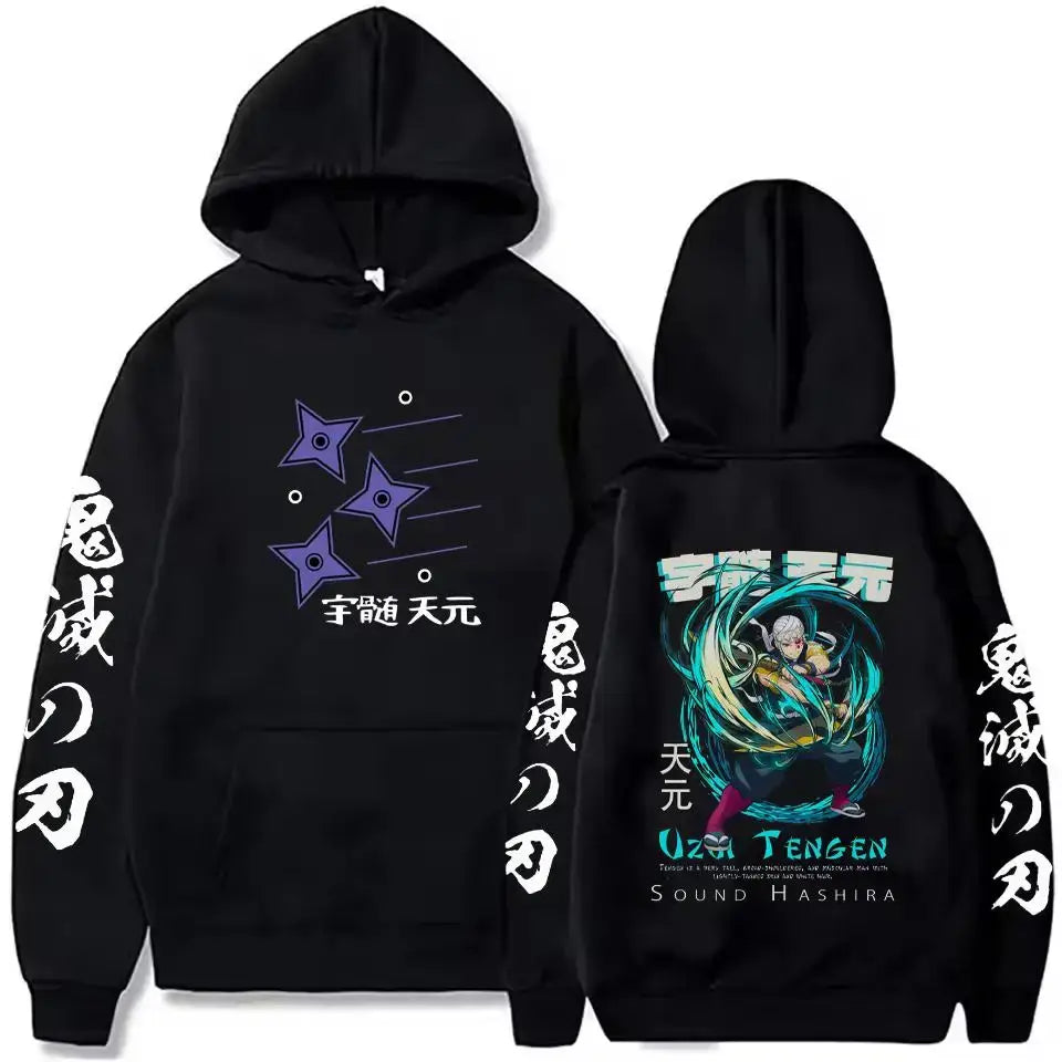 A street retro unisex Demon Slayer Uzui Tengen Hoodie with an anime character print for autumn and winter.