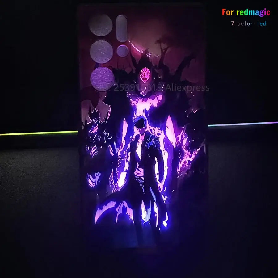 A Solo Leveling LED Phone Case for ZTE Nubia RedMagic featuring glowing Sung Jinwoo anime art that lights up.