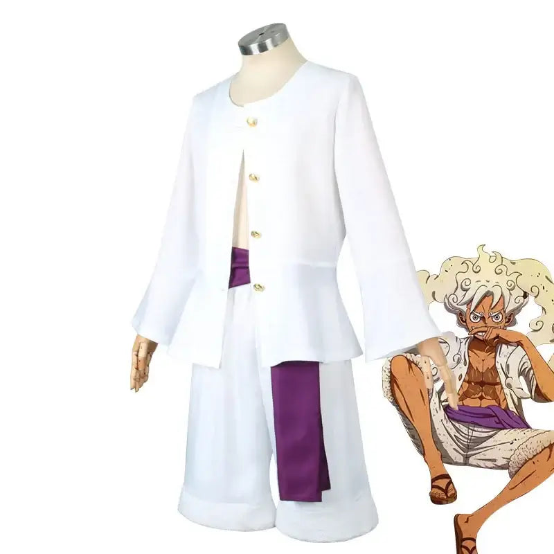 An adult wearing the 5-style Anime Monkey D Luffy Cosplay Costume from the Egghead arc, including the coat and hat.