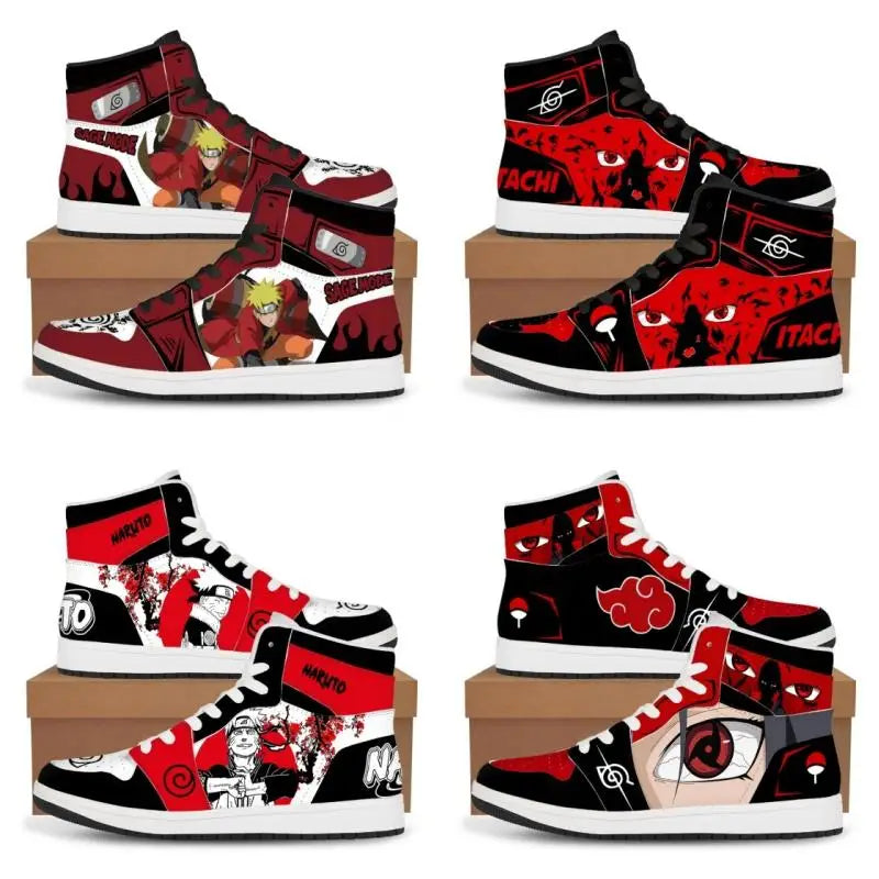 Trendy black Akatsuki High-Top Sneakers featuring the red cloud anime symbol, comfortable casual basketball shoes for men.