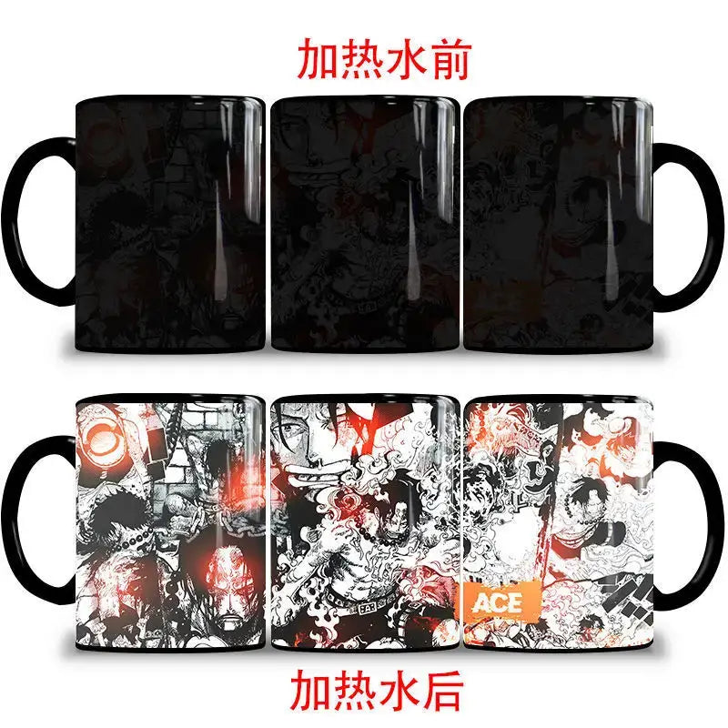 A ceramic One Piece Color Changing Mug revealing Gear 5 Nika Luffy and Fire Fist Ace artwork when filled with hot liquid.