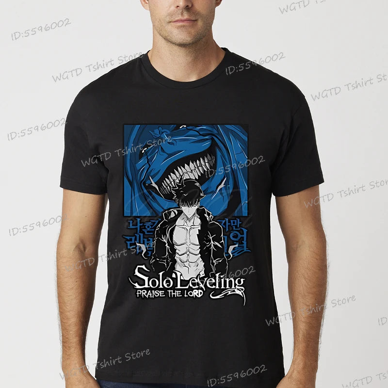 A vintage black Solo Leveling Anime T-Shirt featuring a funny Sung Jinwoo graphic print, available in sizes S to 4XL for men and women.