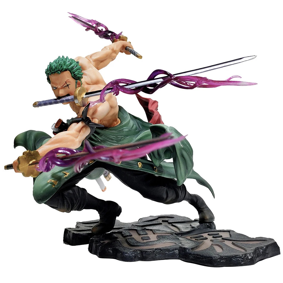 A 10cm One Piece Zoro Figure PVC action model displaying Roronoa Zoro in his Three-Blade Sa-Maximum stance for anime collections.