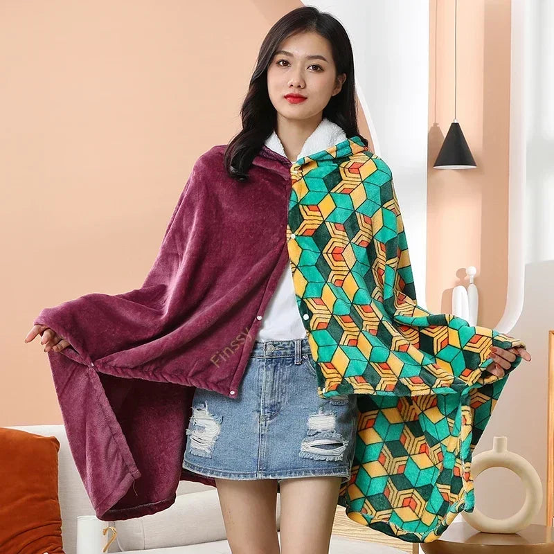 A cozy Demon Slayer Blanket styled as a Tanjiro Kamado plaid haori, functioning as a wearable bathrobe and anime cosplay shawl.