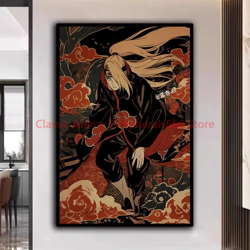 A traditional Ukiyo-e style Naruto Poster canvas painting featuring Akatsuki members Itachi and Sasuke for aesthetic home decor.