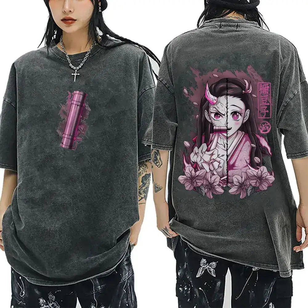 A washed black Demon Slayer Vintage T-Shirt made of 100% cotton, featuring an oversized cartoon anime graphic for men and women.