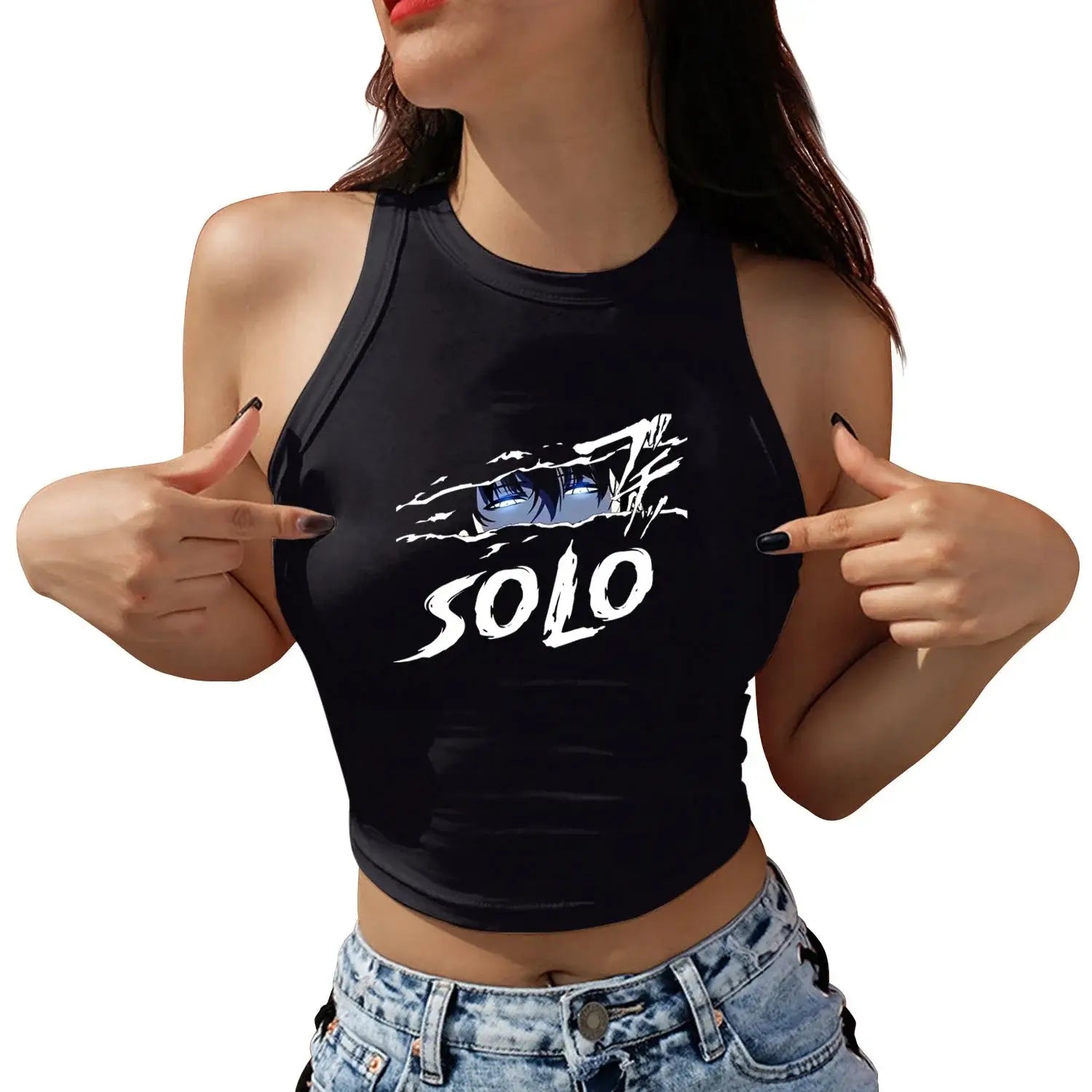 A woman wearing the Anime Sung Jin Woo Crop Top, a sleeveless Y2K Harajuku summer camisole from Solo Leveling.