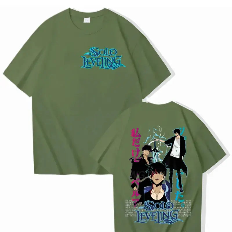 A cool black Solo Leveling T-shirt made of cotton, featuring a high-definition Sung Jinwoo anime graphic in Harajuku street style for men and women.