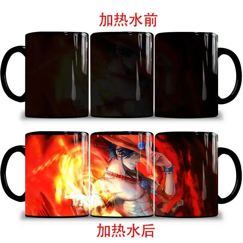 A ceramic One Piece Color Changing Mug revealing Gear 5 Nika Luffy and Fire Fist Ace artwork when filled with hot liquid.