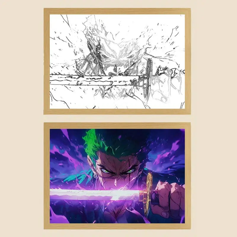 A creative One Piece Photo Frame Night Light displaying anime characters Luffy and Zoro, serving as a bedside decoration painting.