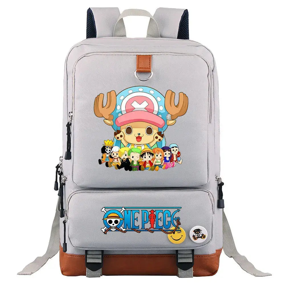 A large, unisex One Piece Luffy Printed Unisex Backpack suitable for school and travel, with compartments for a laptop and iPad.
