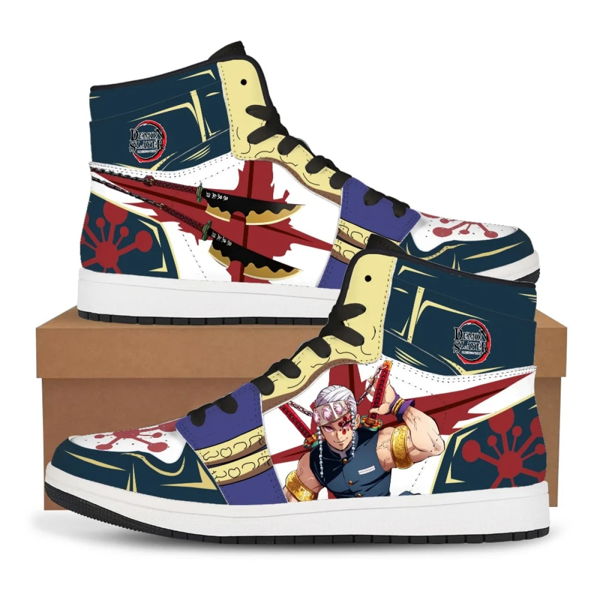 High-top Demon Slayer Sneakers featuring Tanjiro Kamado and Nezuko Kamado anime designs, styled as fashionable basketball shoes for men and women.