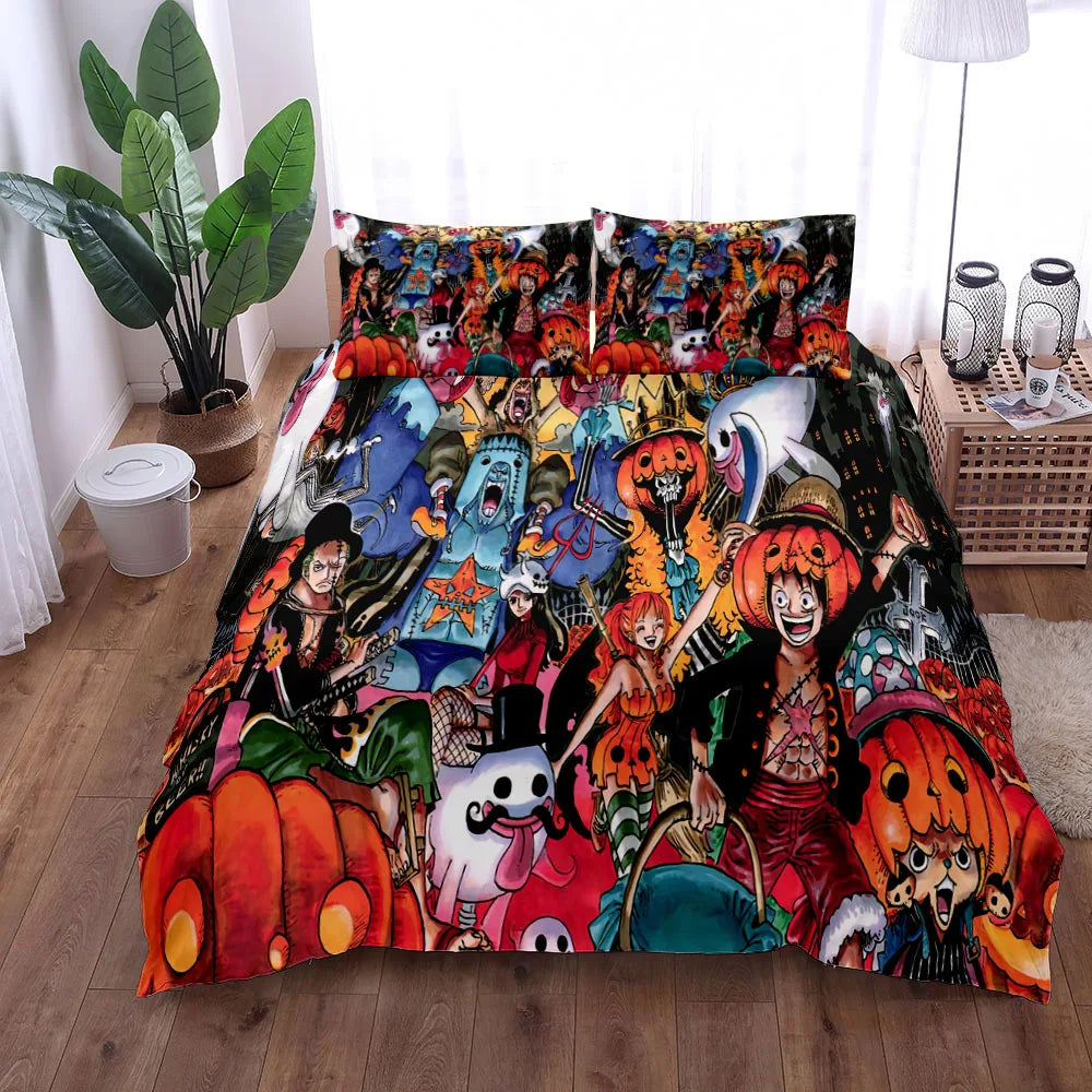 A vibrant One Piece Bedding Set featuring Monkey D. Luffy anime art on a duvet cover and pillowcase, designed for children's bedroom decor.