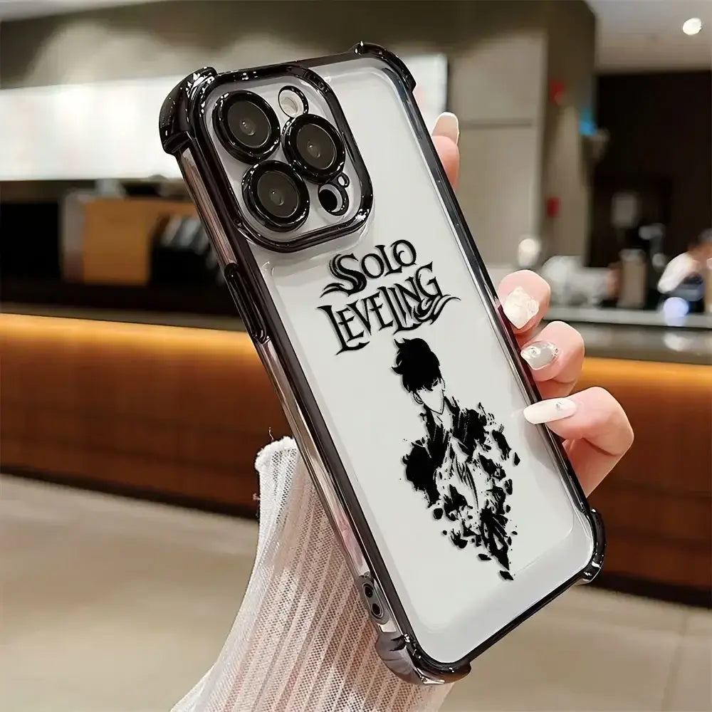 A luxury Solo Leveling Plating Case featuring Sung Jinwoo art with electroplated edges and anti-fall airbag corners for Apple iPhone 16 and 15.