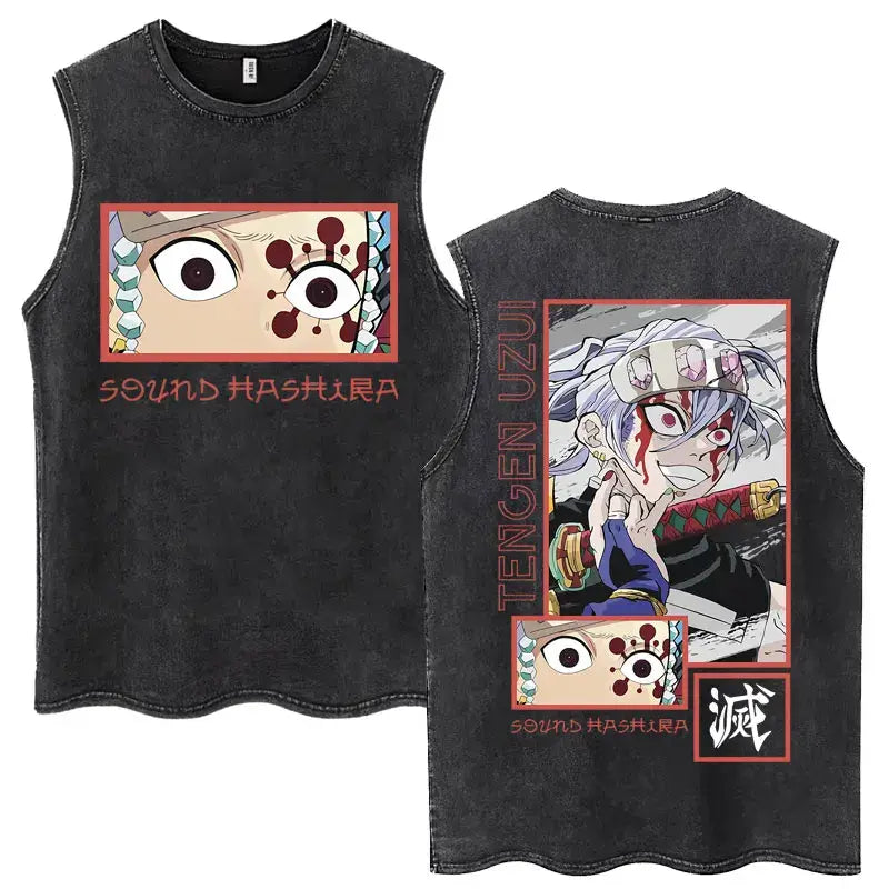 A washed retro Zenitsu Demon Slayer Tank Top featuring Agatsuma Zenitsu manga art, sleeveless cotton summer streetwear for men and women.