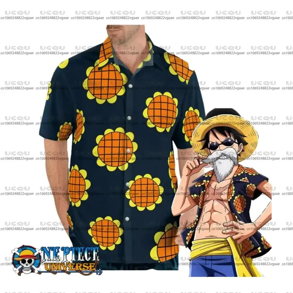 A men's and boys' sports set of Luffy Dressrosa Trousers and the sunflower One Piece Hawaiian Shirt.