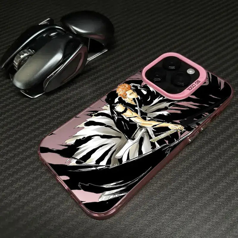 A shockproof Bleach Anime Phone Case featuring Ichigo Kurosaki and Rukia Kuchiki anime art, compatible with Apple iPhone 16e, 16, 15, and 14 Pro Max.