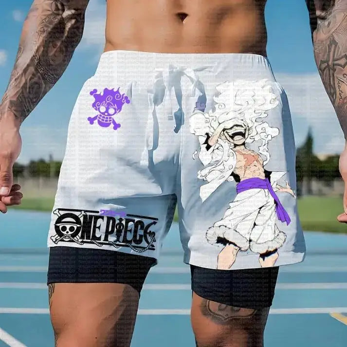 A man wearing the white One Piece Running Shorts for the gym, with a double layer and Straw Hat Crew design.