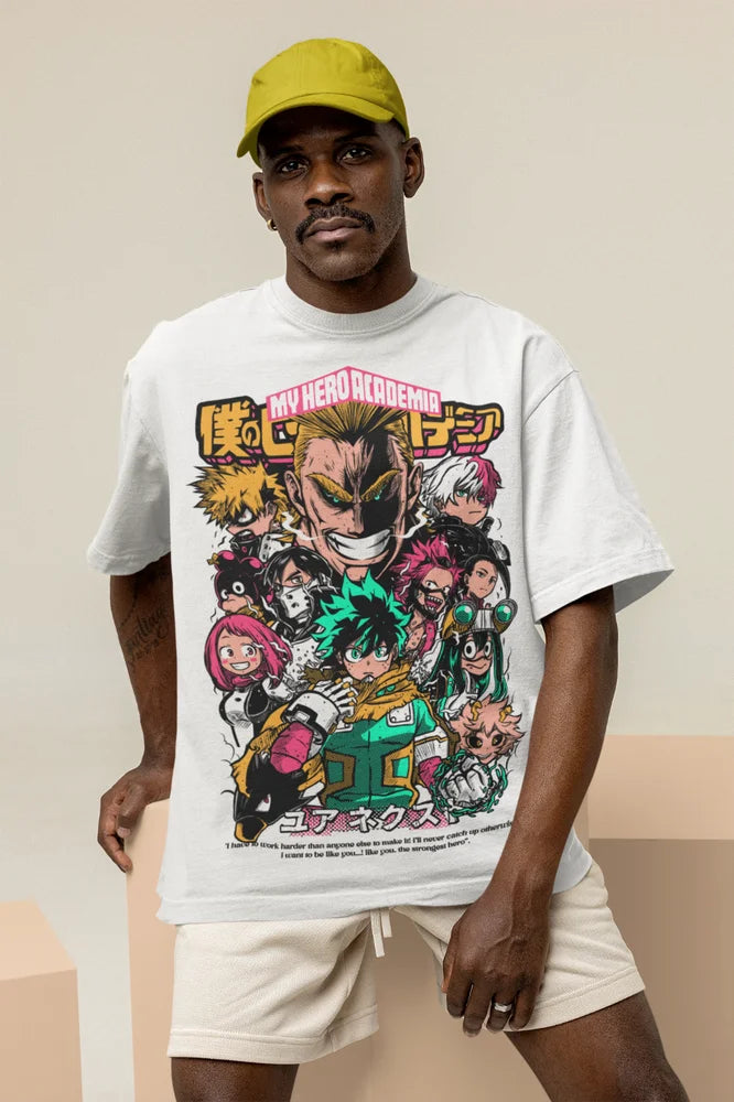 A high-quality All Might T-shirt made of soft cotton, featuring a dynamic graphic of the Symbol of Peace for My Hero Academia fans.
