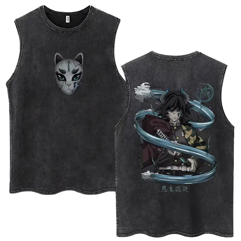 A washed retro Zenitsu Demon Slayer Tank Top featuring Agatsuma Zenitsu manga art, sleeveless cotton summer streetwear for men and women.