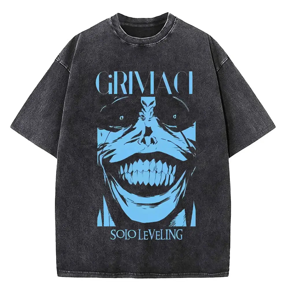 A vintage-style Solo Leveling Vintage T-shirt made of washed black cotton featuring a Sung Jinwoo graphic print, designed as Harajuku streetwear.