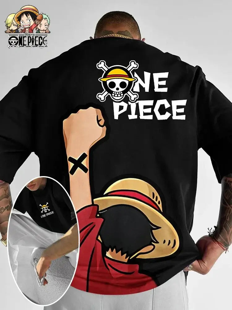 A fashionable One Piece Graphic T-Shirt in an oversized streetwear fit, featuring a high-quality anime print of Monkey D. Luffy and Roronoa Zoro.