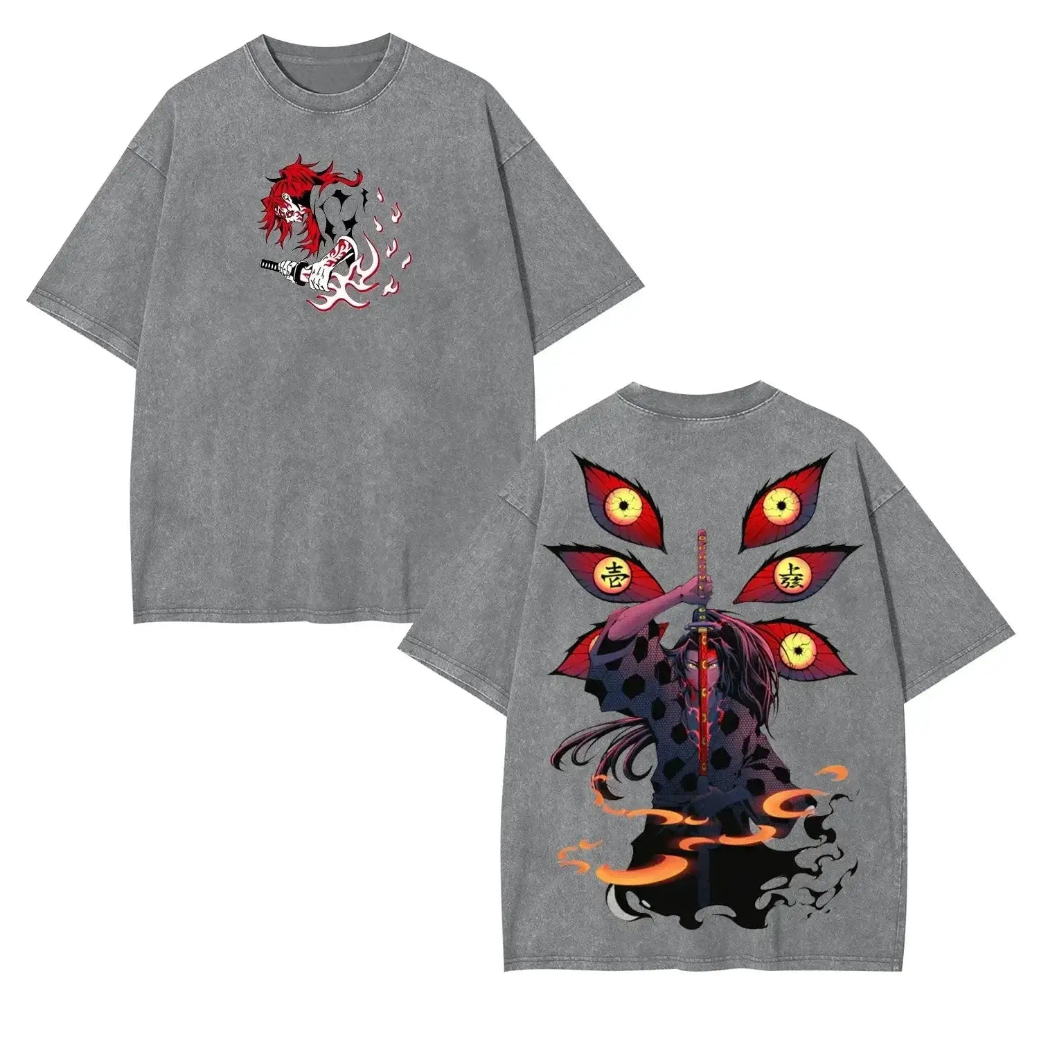 A vintage washed Harajuku Anime Demon Slayer Graphic T-shirt Kokushibo in an oversized hip hop streetwear style for men and women.