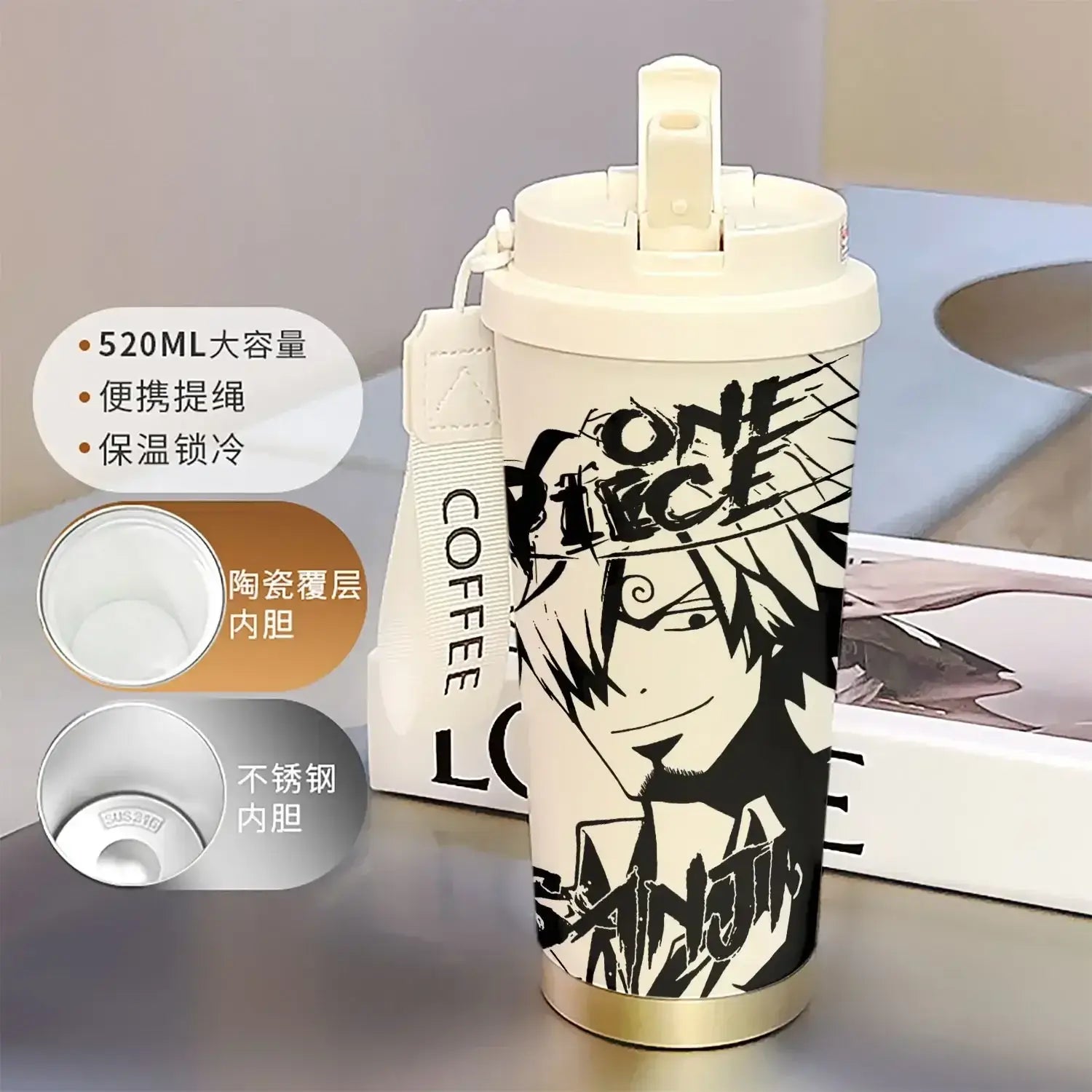 A 520ml One Piece Thermos Cup featuring anime figures Luffy and Zoro, designed as a large capacity coffee travel mug with a straw for outdoor sports.