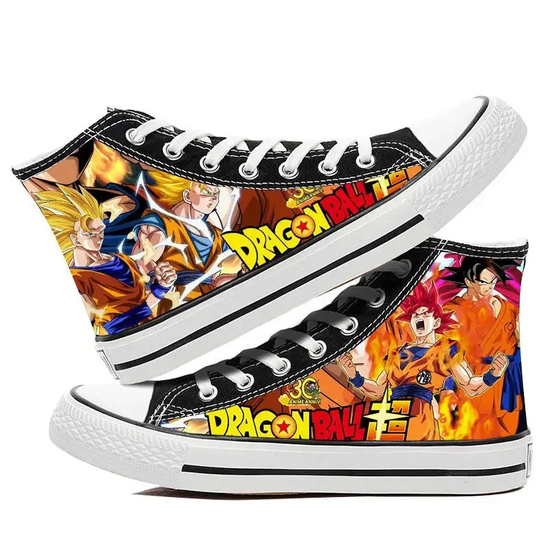 Trendy Dragon Ball High Top Canvas Shoes featuring Goku and Vegeta animation art, breathable flat sneakers for students and fans.