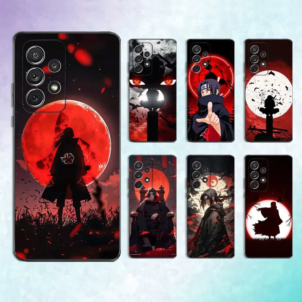 A black soft silicone Itachi Phone Case featuring Uchiha anime art, compatible with Samsung Galaxy S25, S24, S23, S22 Ultra and Plus models.