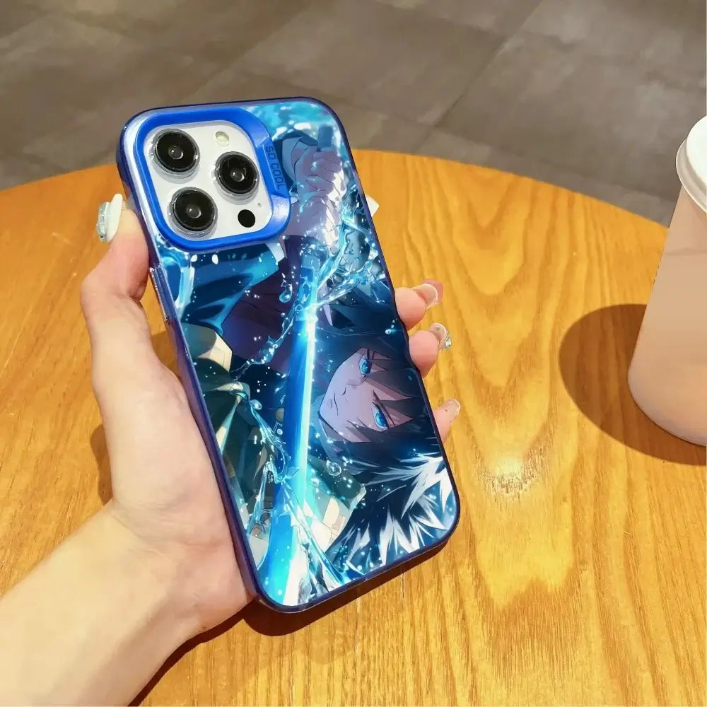 A matte black Demon Slayer Phone Case featuring cool anime character art and shockproof silicone protection for Apple iPhone 16, 15, and 14 Pro Max.
