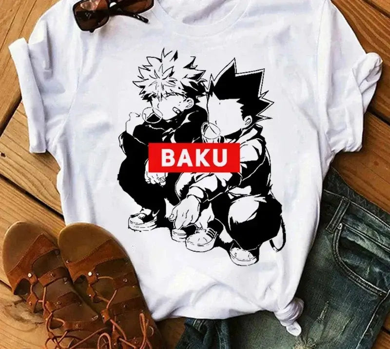 A woman wearing the casual vintage Japanese Anime Hunter X Hunter Graphic T Shirt.